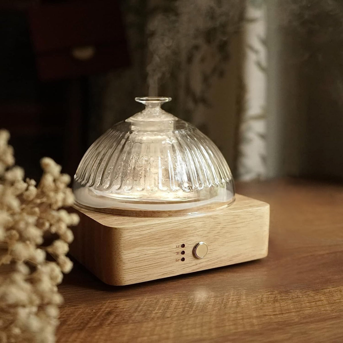 Glass Dome Essential Oil Diffuser with Glass Reservoir & Wood Base-Plastic Free, 200ml Ultrasonic Diffuser for Aromatherapy with Timer 7 Color Light Auto-Off for Home Office Yoga Dark Brown