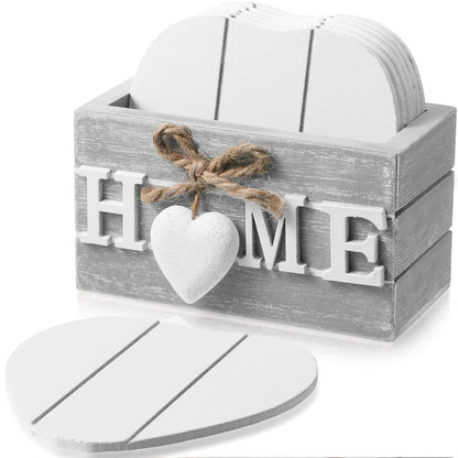 Patelai 6 Pcs Wooden Heart Coasters Set with Holder, Home, Blue