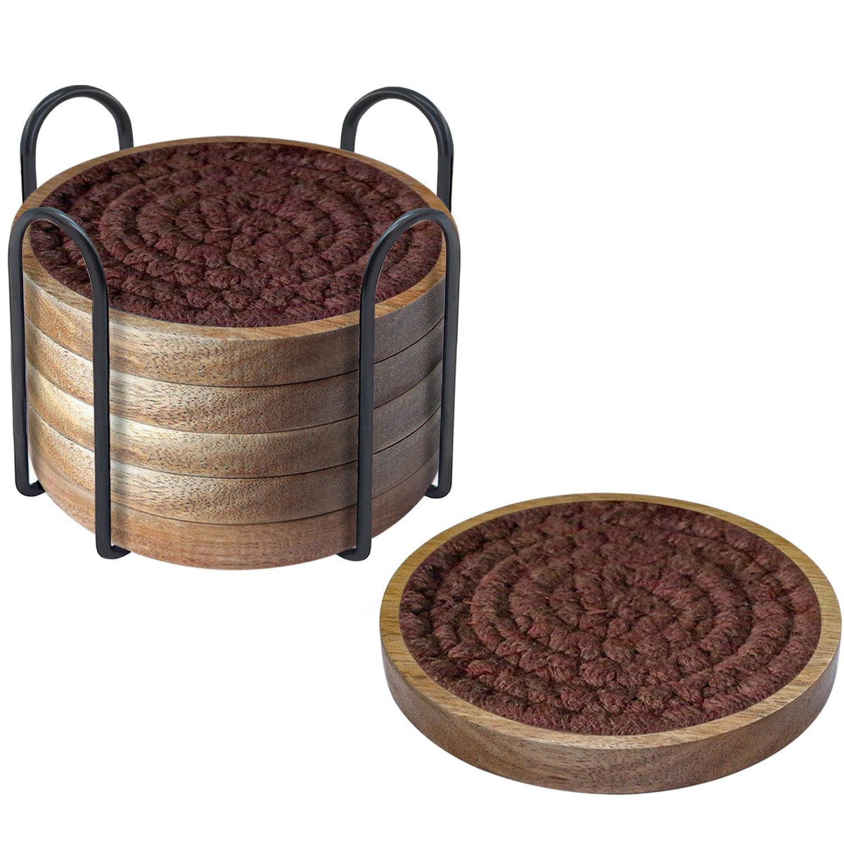 Eykao 5 Pack Coasters for Drinks Absorbent, 4.3 inches Woven Coasters for Coffee Tables, Wooden Drink Coasters for Table Protection, Reusable Drink Coasters for Kitchen, Farmhouse, Bar, Office, Brown
