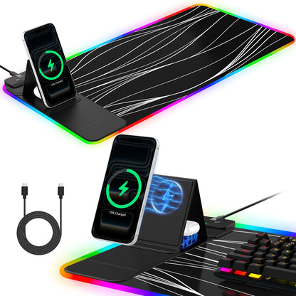 XXL Mouse Pad with Phone Holder - Black, RGB Desk Mat with 15W Fast Charging, LED Gaming Mousepad with 11 Light Colors, Waterproof Non-Slip Pad for Office & Home (Black with PD Adapter)