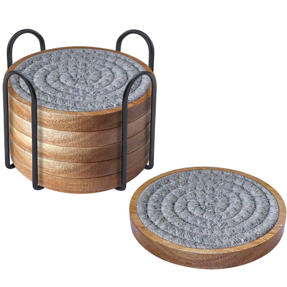 Eykao 5 Pack Coasters for Drinks Absorbent, 4.3 inches Woven Coasters for Coffee Tables, Wooden Drink Coasters for Table Protection, Reusable Drink Coasters for Kitchen, Farmhouse, Bar, Office, Brown