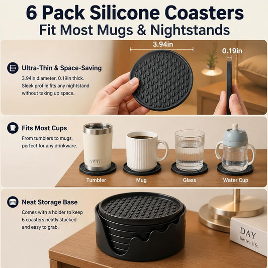 Nightstand Coaster, 6 Pack 3.94 Inch Drink Coasters with Storage Holder