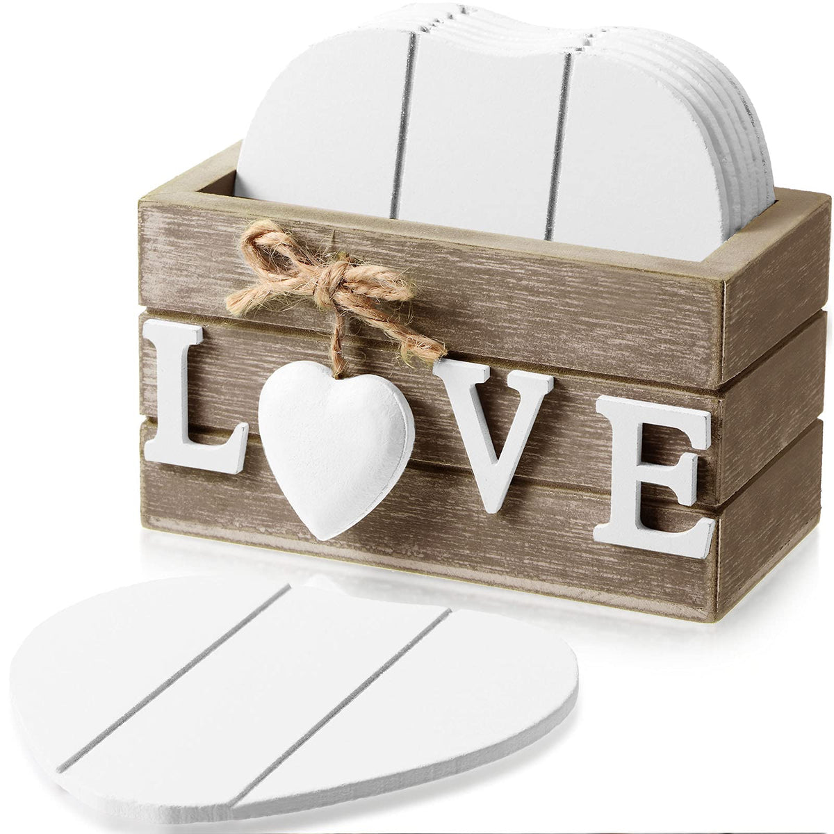 Patelai 6 Pcs Wooden Heart Coasters Set with Holder, Home, Blue
