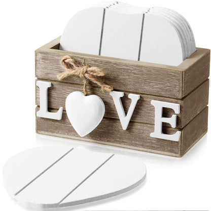 Patelai 6 Pcs Wooden Heart Coasters Set with Holder, Home, Blue