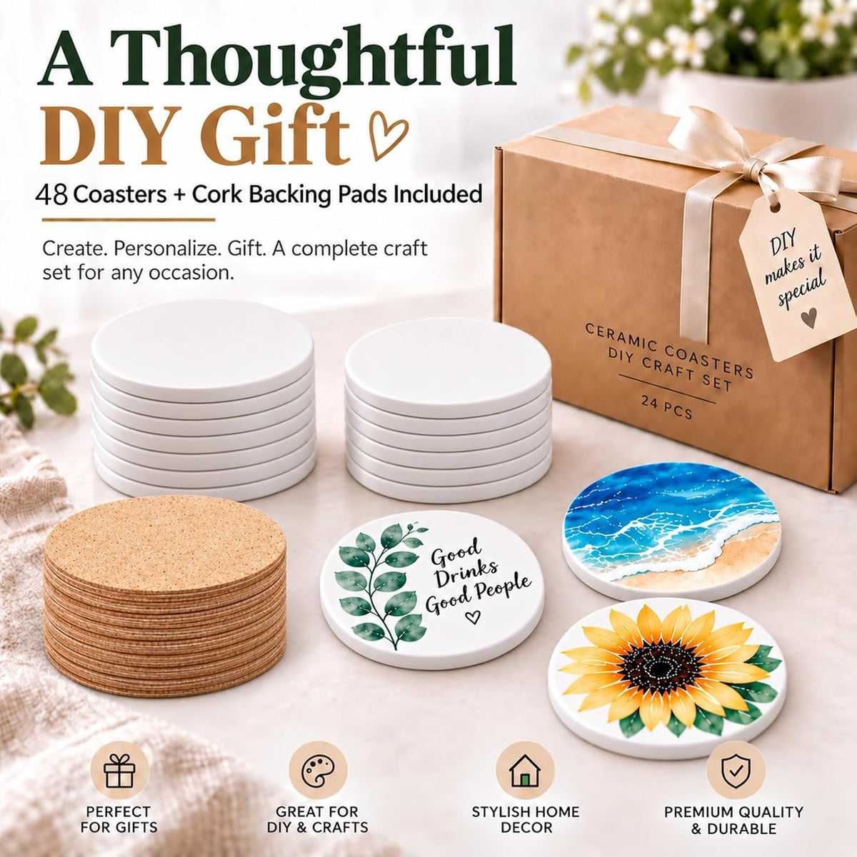 24 Pcs Round Ceramic Tiles for Crafts 4x4 inches，Equipped with self Adhesive Cork mat, unglazed Ceramic Coasters for Crafts,Use with Alcohol Ink or Acrylic Pouring Make Your Own DIY Coasters