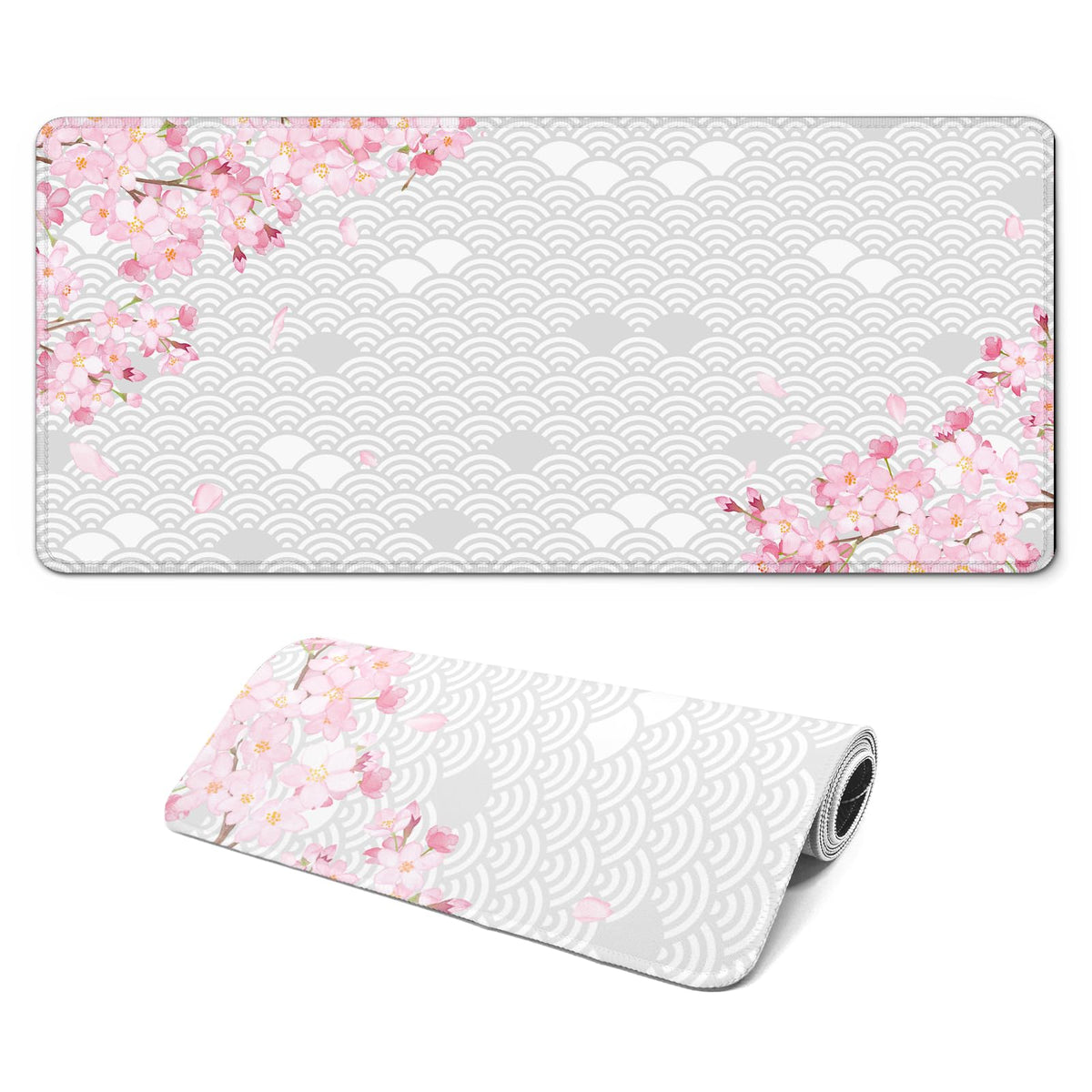 Gaming Mouse Pad with Anti-Slip Rubber Base, Extended Large Computer Mouse Mat with Stitched Edges, Long XL Anime Mousepad for Laptop and Keyboard, 31.5 x 11.8 inch (Pink Cherry Blossom)