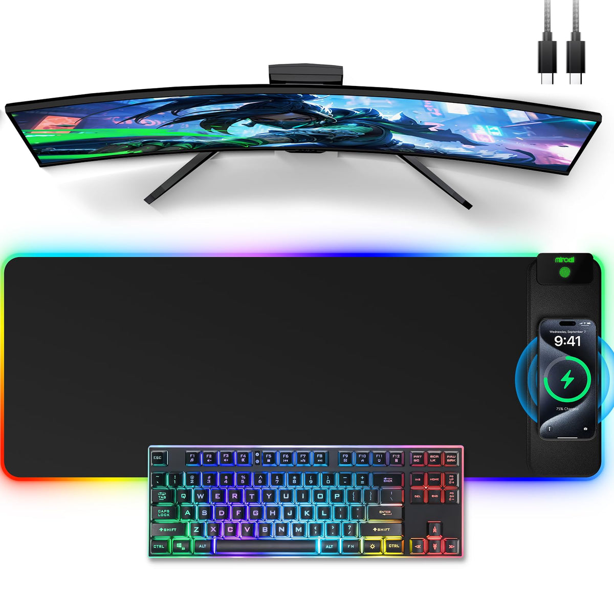 XXL Mouse Pad with Phone Holder - Black, RGB Desk Mat with 15W Fast Charging, LED Gaming Mousepad with 11 Light Colors, Waterproof Non-Slip Pad for Office & Home (Black with PD Adapter)