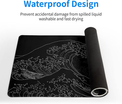 Brecoy Japanese Sea Wave Large Mouse Pad, Anime Black Gaming, Extended Kanagawa Mat Desk Pad, 3mm Thick Long Non-Slip Rubber Base Mice Pad, 31.5 X 11.8 Inch