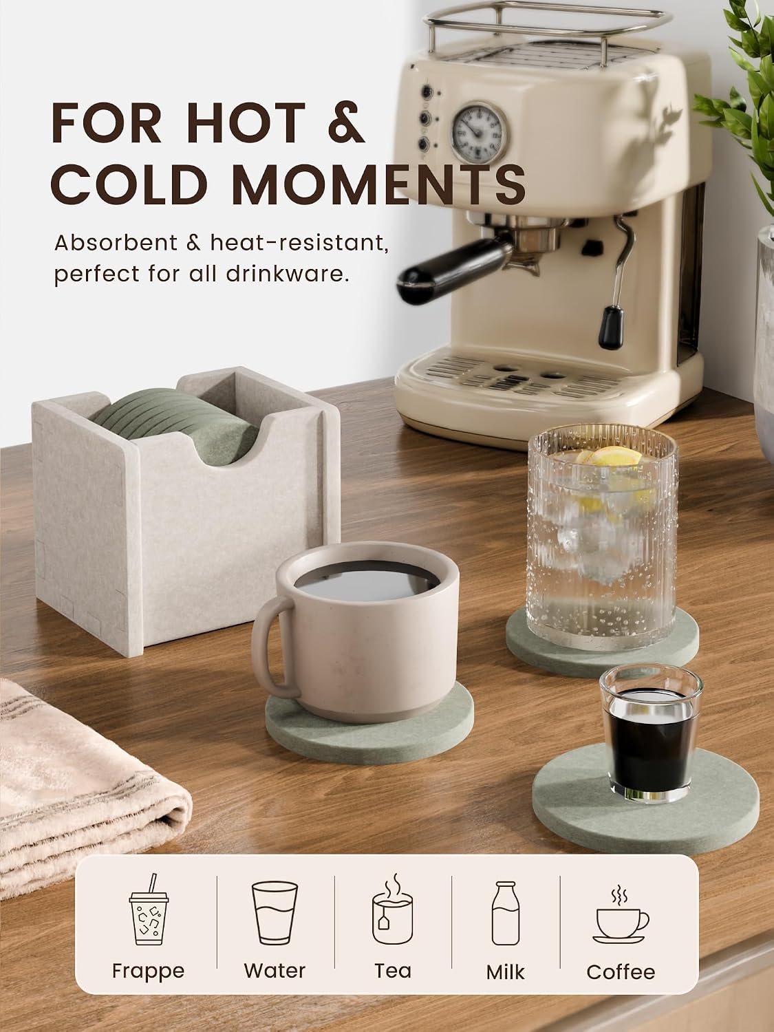Fluxynara Felt Coasters with Holder, Set of 8 for Drinks, Sage