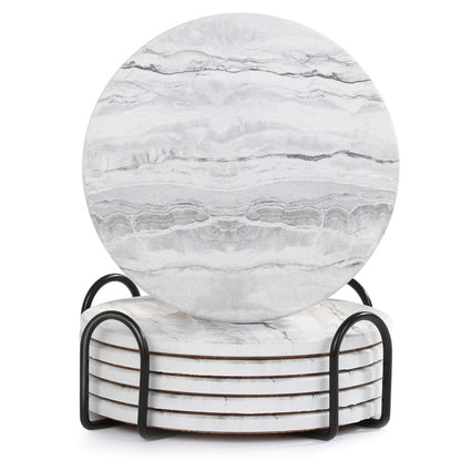 Acejoz Drink Coasters with Holder for Coffee Table, Absorbent Coasters Set of 6, Marble Style Ceramic Coaster for Wooden Table, Suitable for Kinds of Cups, Home Decor, 4 Inches(Blue)