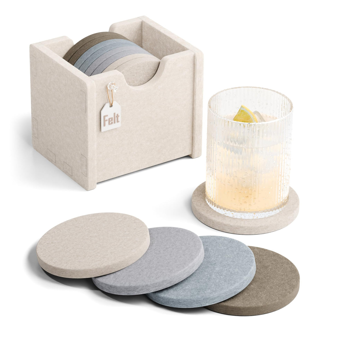 Fluxynara Felt Coasters with Holder, Set of 8 for Drinks, Sage