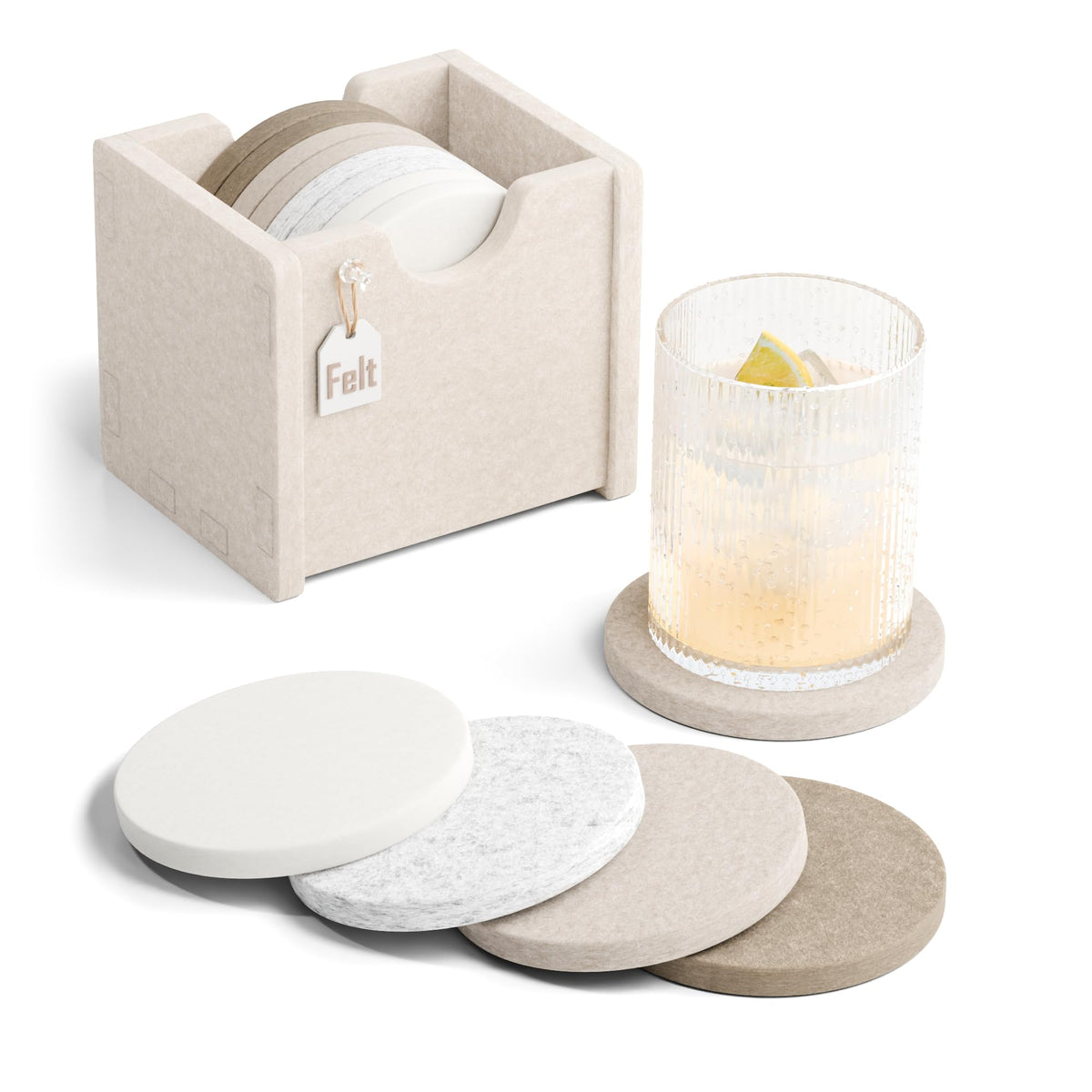 Fluxynara Felt Coasters with Holder, Set of 8 for Drinks, Sage