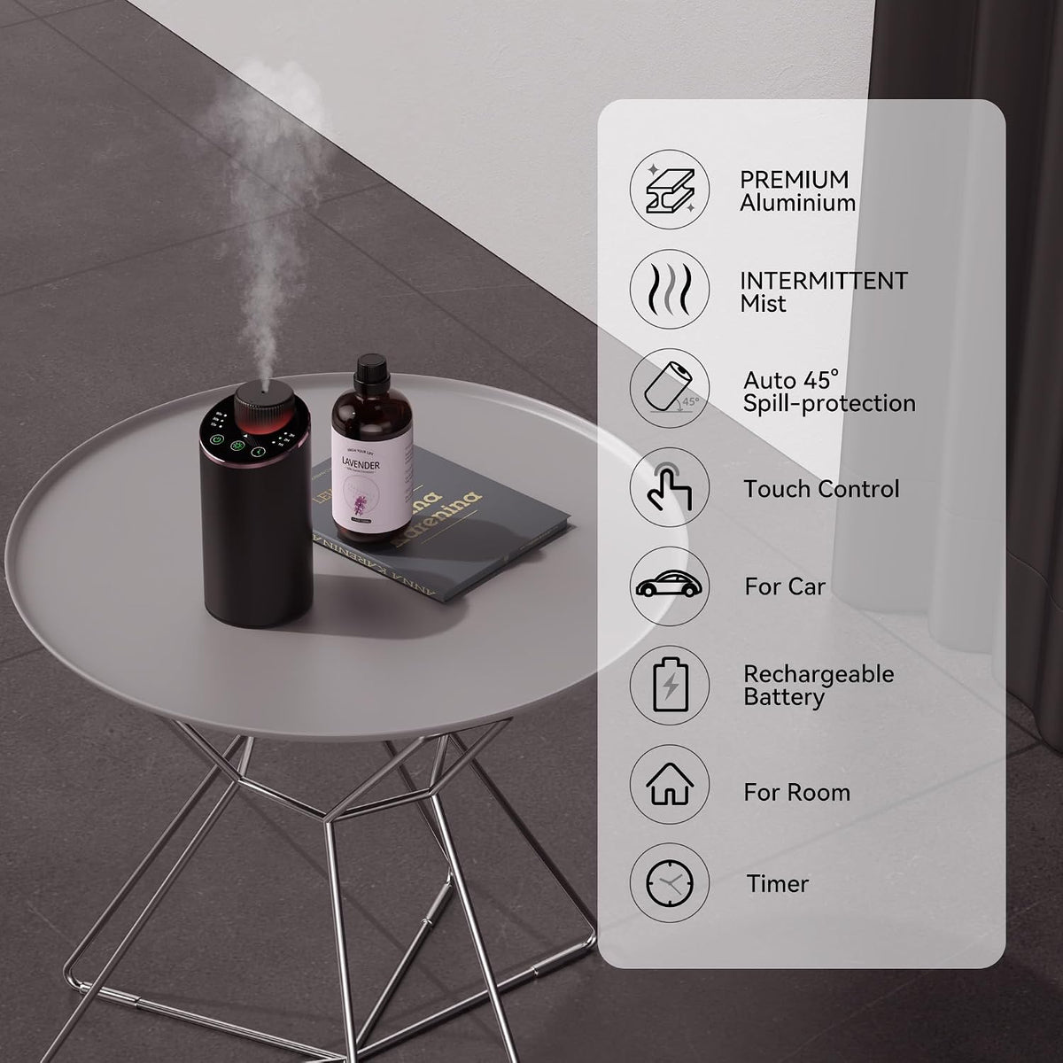 Waterless Essential Oil Diffuser Aromatherapy Scent Diffusers for Home Large Room, Bedroom, Car, Office, Desk, Battery Operated Mini Portable Air Freshener, 3 Countdown Timers & 3 Mist Levels