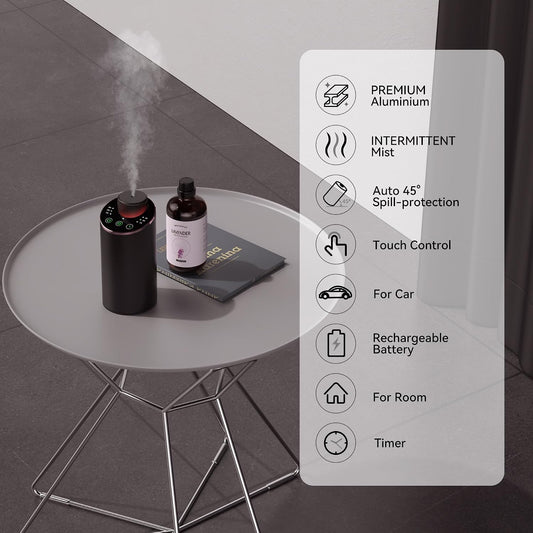 Waterless Essential Oil Diffuser Aromatherapy Scent Diffusers for Home Large Room, Bedroom, Car, Office, Desk, Battery Operated Mini Portable Air Freshener, 3 Countdown Timers & 3 Mist Levels