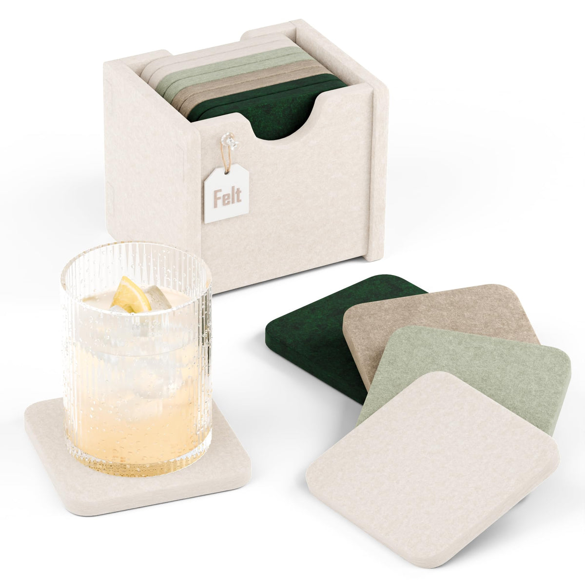 Fluxynara Felt Coasters with Holder, Set of 8 for Drinks, Sage