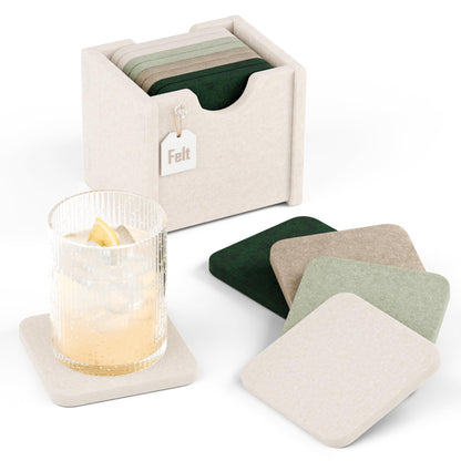 Fluxynara Felt Coasters with Holder, Set of 8 for Drinks, Sage