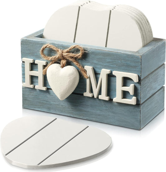 Patelai 6 Pcs Wooden Heart Coasters Set with Holder, Home, Blue