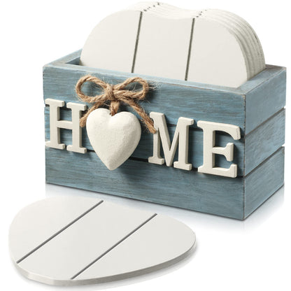 Patelai 6 Pcs Wooden Heart Coasters Set with Holder, Home, Blue