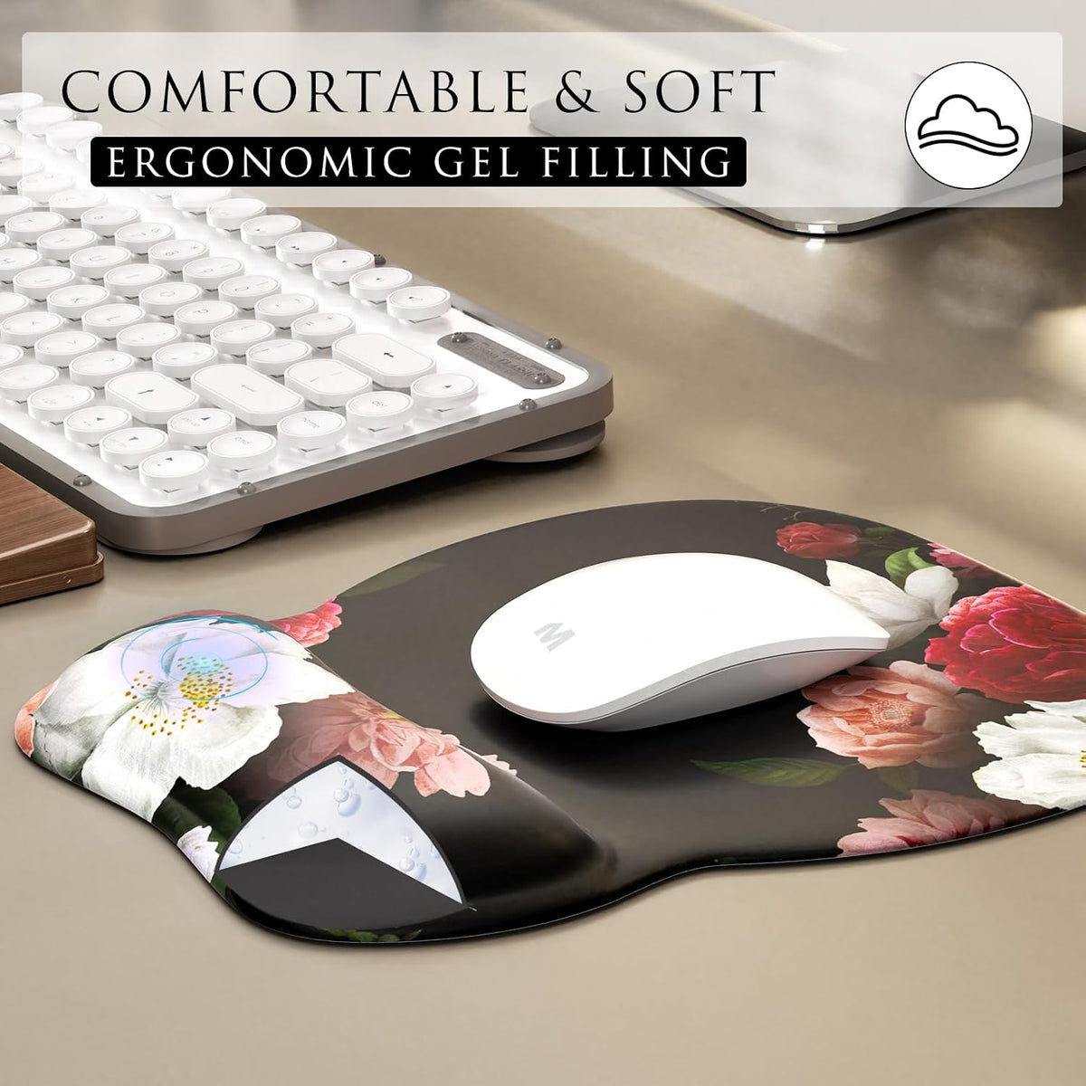 MROCO Ergonomic Mouse Pad with Gel Wrist Rest, 9.4 x 8.1 in, Black Flower