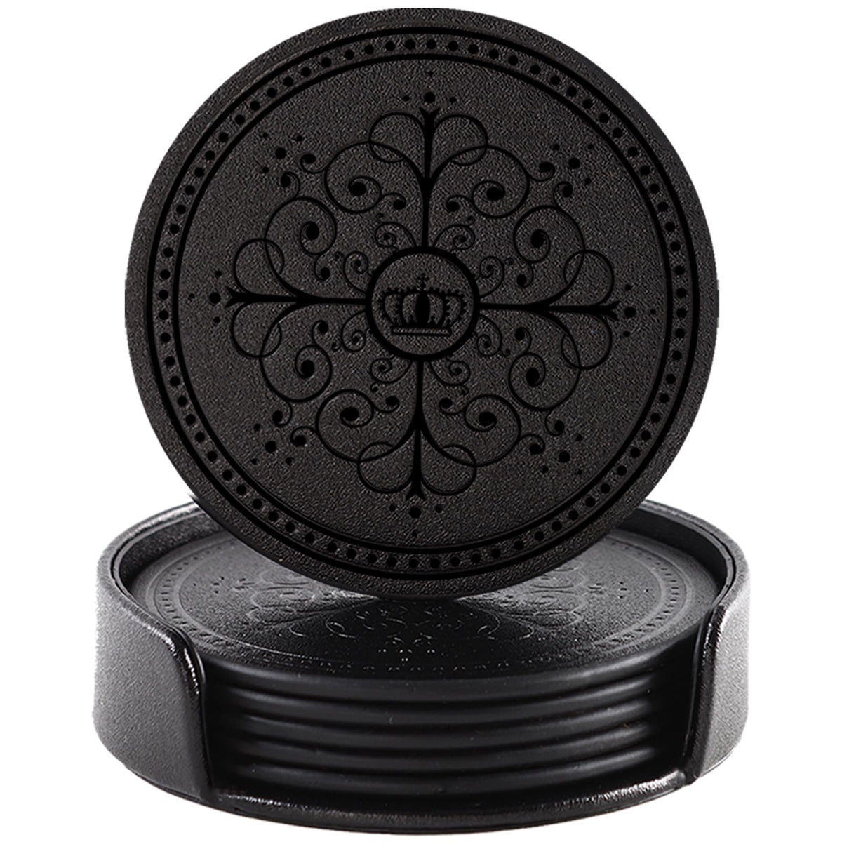 Coasters Set of 6 - PU Leather Coasters for Drinks with Holder - Gold