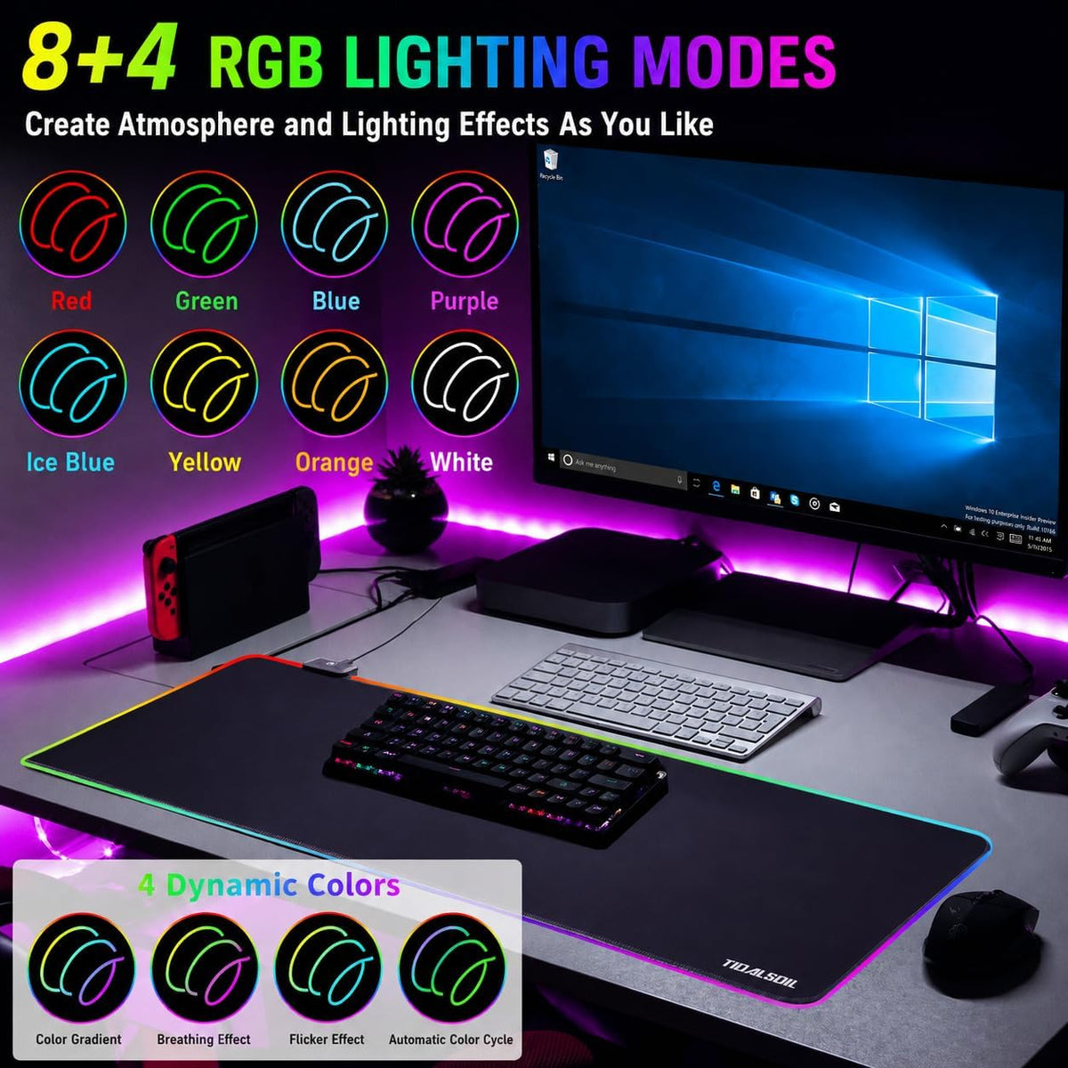 TIDALSOIL RGB Gaming Mouse Pad, 31.5x11.8 in Extended LED Desk Mat, Black