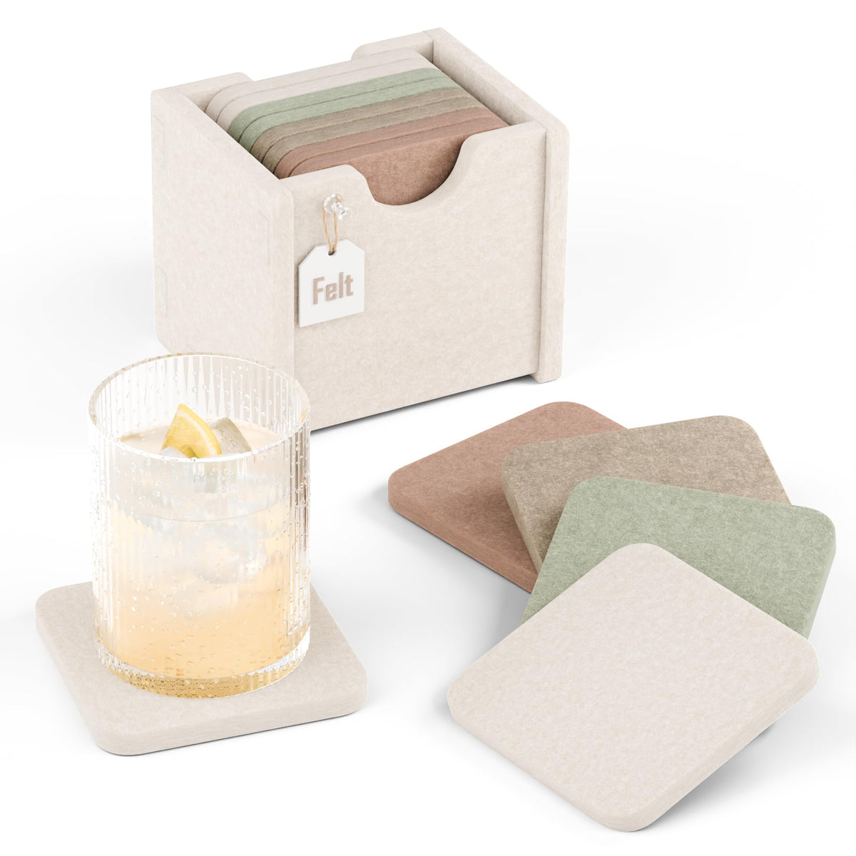 Fluxynara Felt Coasters with Holder, Set of 8 for Drinks, Sage