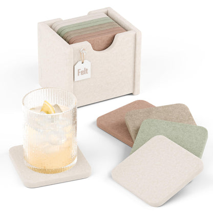 Fluxynara Felt Coasters with Holder, Set of 8 for Drinks, Sage