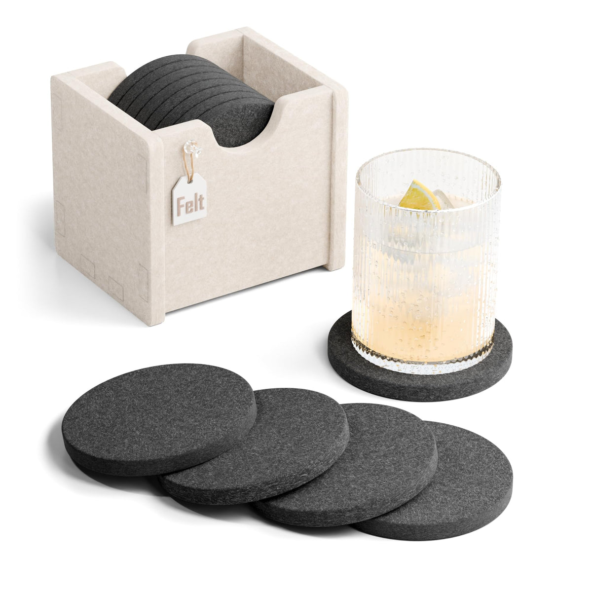 Fluxynara Felt Coasters with Holder, Set of 8 for Drinks, Sage