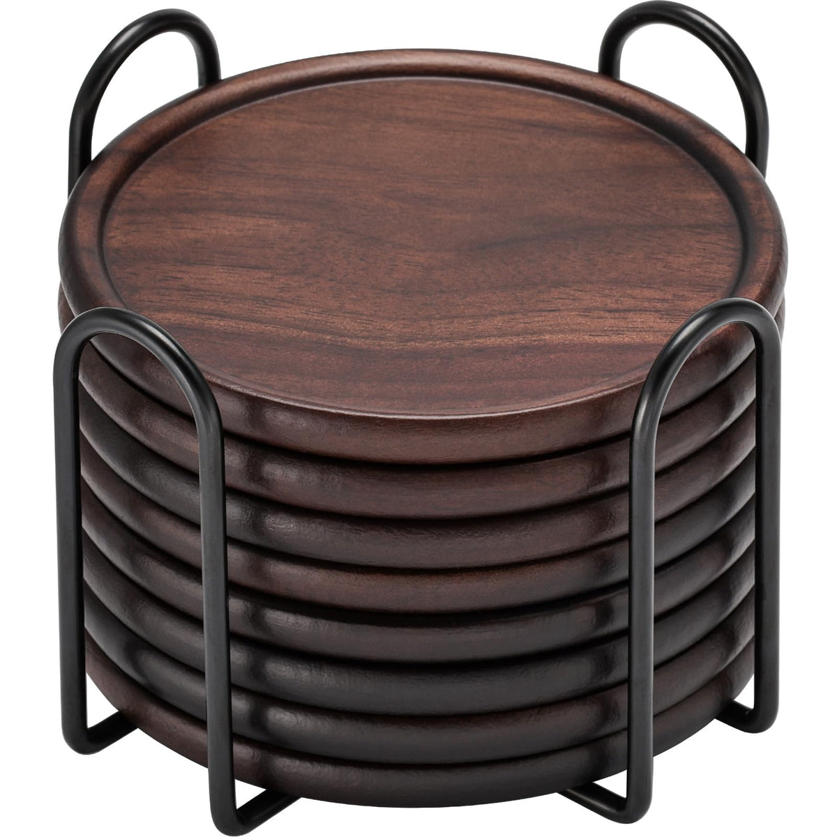 Wood Coasters Set of 8 with Leather Holder, 100% Wooden Coasters for Drinks