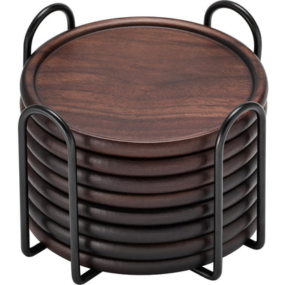 Wood Coasters Set of 8 with Leather Holder, 100% Wooden Coasters for Drinks