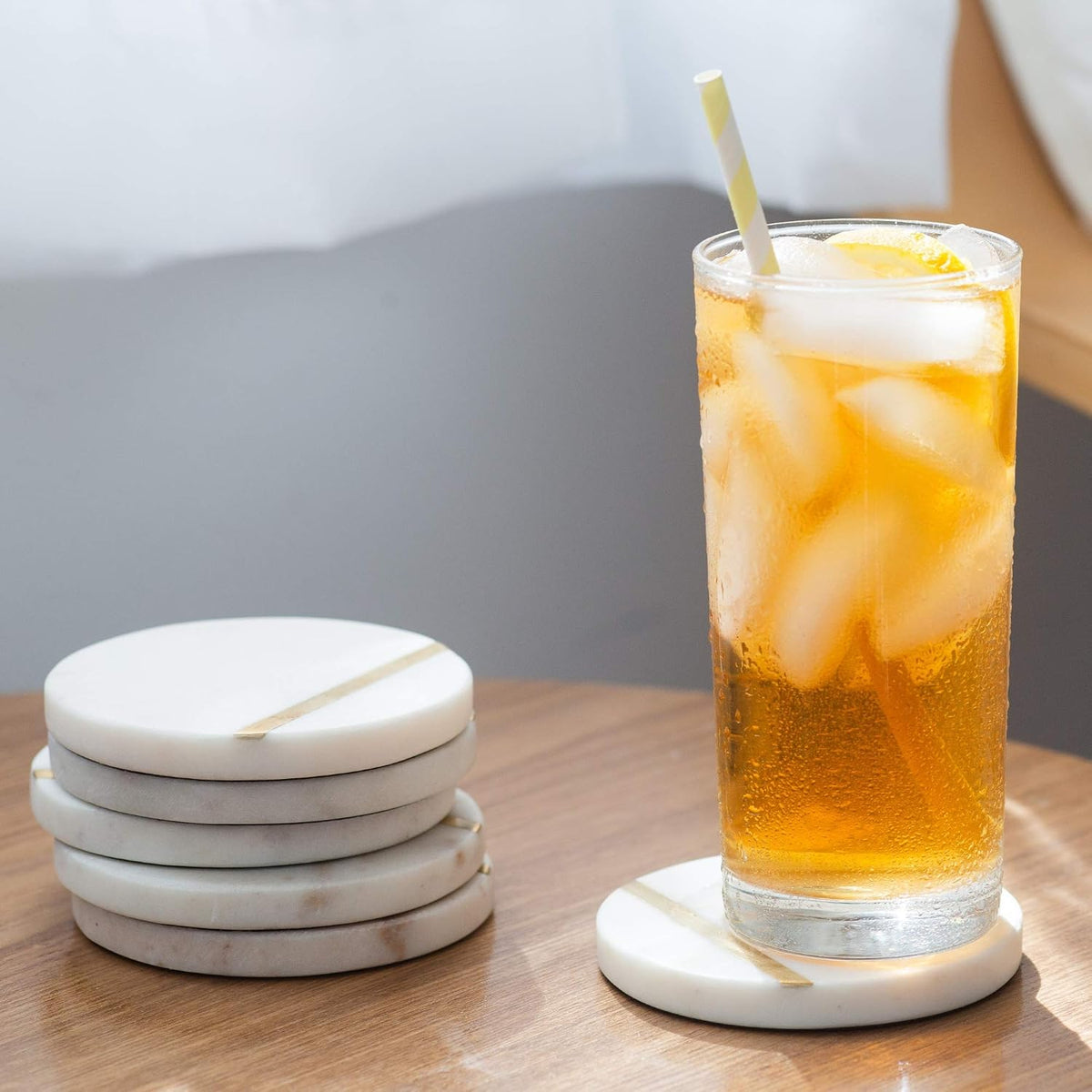 Cork & Mill Marble Coasters with Gold Brass Inlay, White, Set of 6