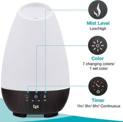 HealthSmart 500ML Essential Oil Diffuser for Large Rooms, Cool Mist Humidifier and Aromatherapy Diffuser, Adjustable Timer, Mist Mode and 7 LED Light Colors, White (Pack of 1)