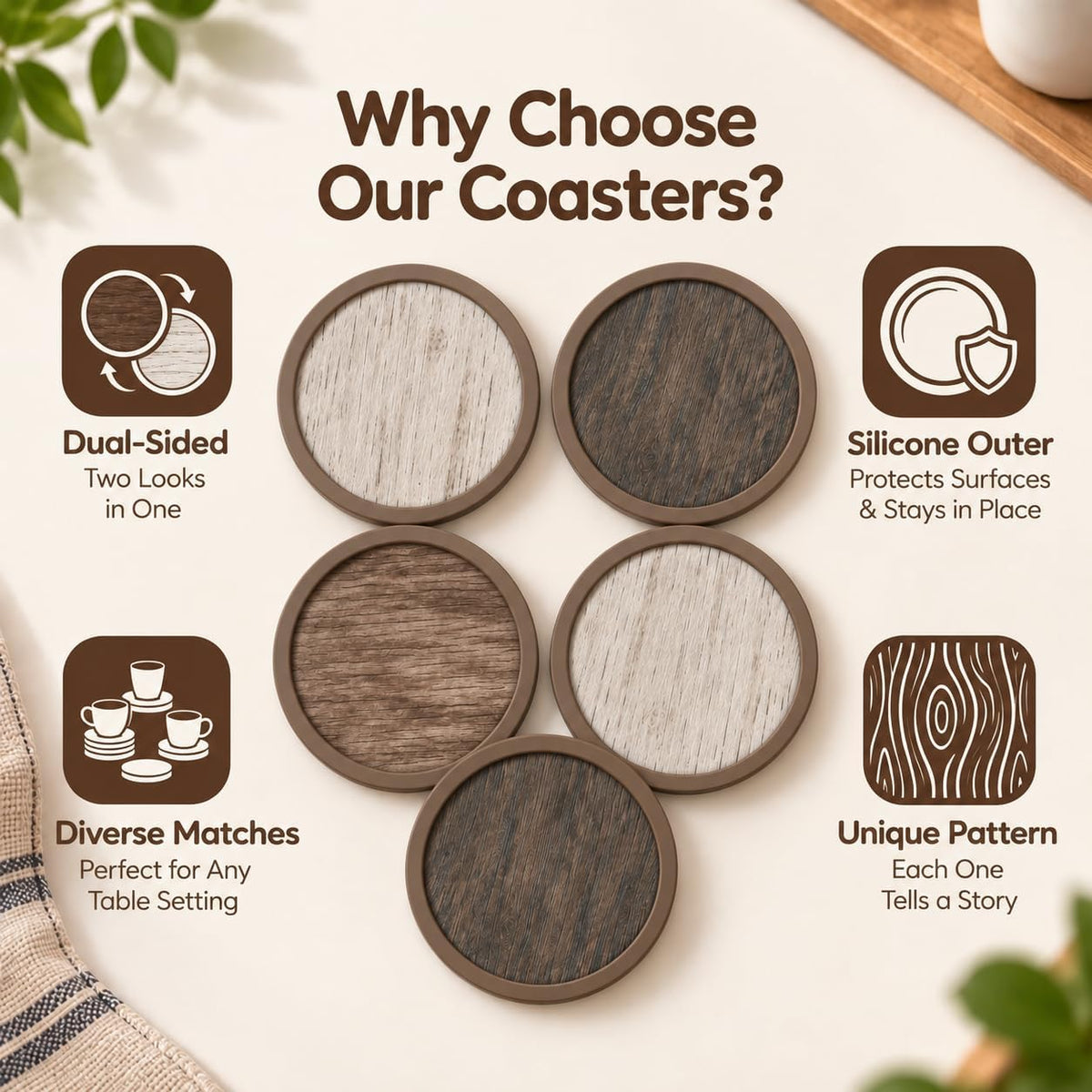 Absorbent Coasters for Drinks with Holder - 6packs, Silicone Coasters with Soft Felt Insert, Dual-Sided 3 Wood-Themed Patterns, Reusable Table Protection Mats for Coffee/Tea/Wine/Cans