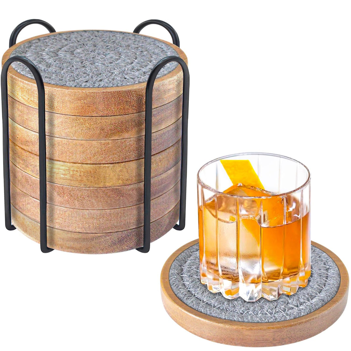 Eykao 5 Pack Coasters for Drinks Absorbent, 4.3 inches Woven Coasters for Coffee Tables, Wooden Drink Coasters for Table Protection, Reusable Drink Coasters for Kitchen, Farmhouse, Bar, Office, Brown