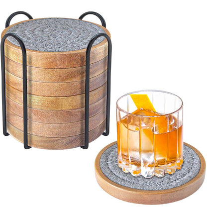 Eykao 5 Pack Coasters for Drinks Absorbent, 4.3 inches Woven Coasters for Coffee Tables, Wooden Drink Coasters for Table Protection, Reusable Drink Coasters for Kitchen, Farmhouse, Bar, Office, Brown