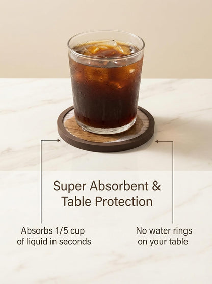 Absorbent Coasters for Drinks with Holder - 6packs, Silicone Coasters with Soft Felt Insert, Dual-Sided 3 Wood-Themed Patterns, Reusable Table Protection Mats for Coffee/Tea/Wine/Cans