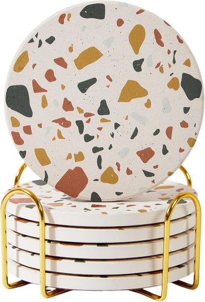 Terrazzo Coasters Set of 6, Colorful Boho Absorbent Ceramic Coasters