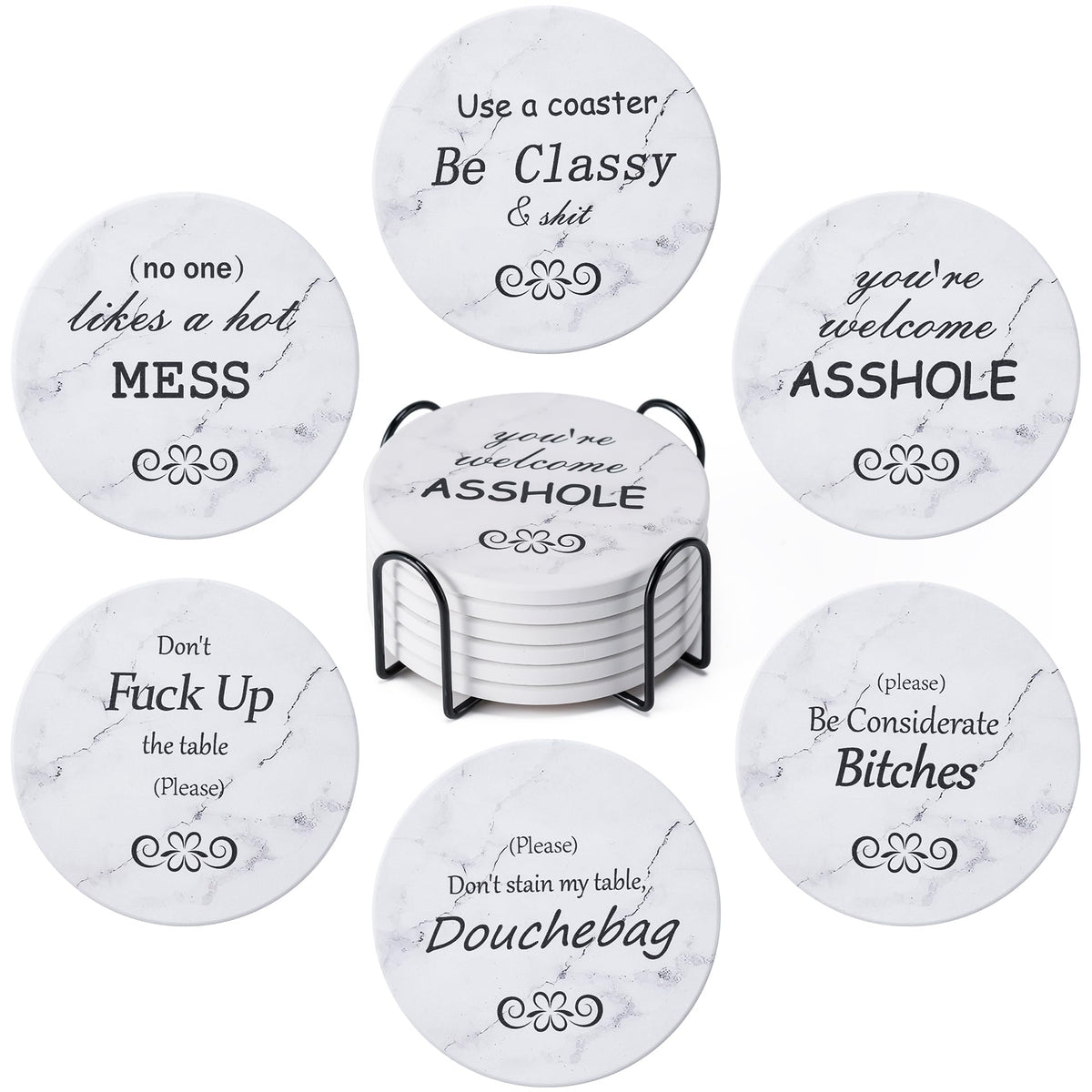 6Pcs Absorbent Coasters Set with Holder,Ceramic Drink Coaster,4 in（A1）