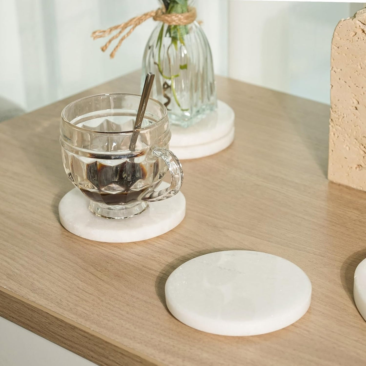 Koville Marble Coaster Set of 4, Round White Coasters, 4" Cup Coasters for Drinks, Heat Resistant Coaster for Coffee Table Home Office Bar Decor(Namib Fantasy)