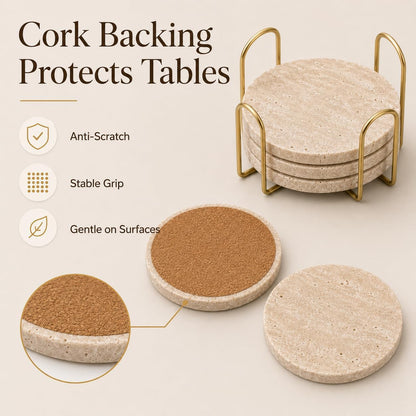 Travertine Coasters with Gold Holder, Set of 4 Natural Stone, Cork Backing