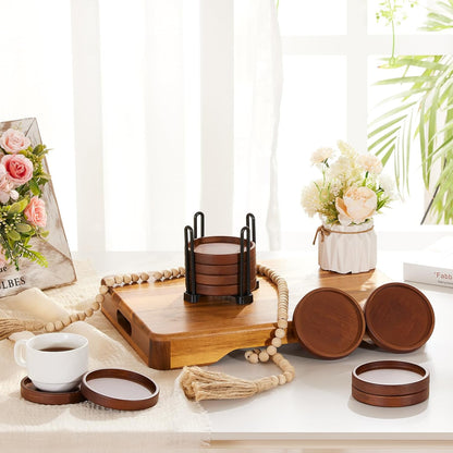 Set of 6 Wooden Coasters with Holder-Coffee Table Coasters for Drink