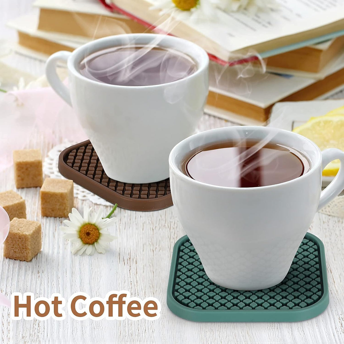 ME.FAN Silicone Square Coasters with Holder [6 Pack] - Black