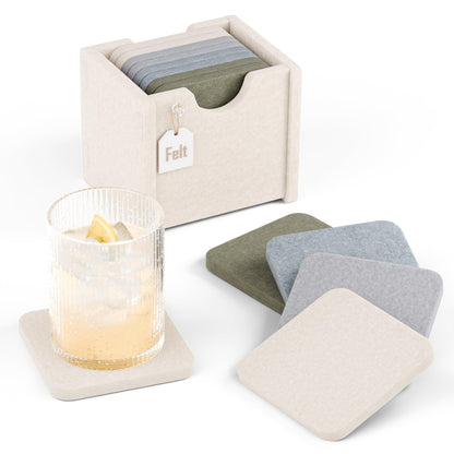 Fluxynara Felt Coasters with Holder, Set of 8 for Drinks, Sage