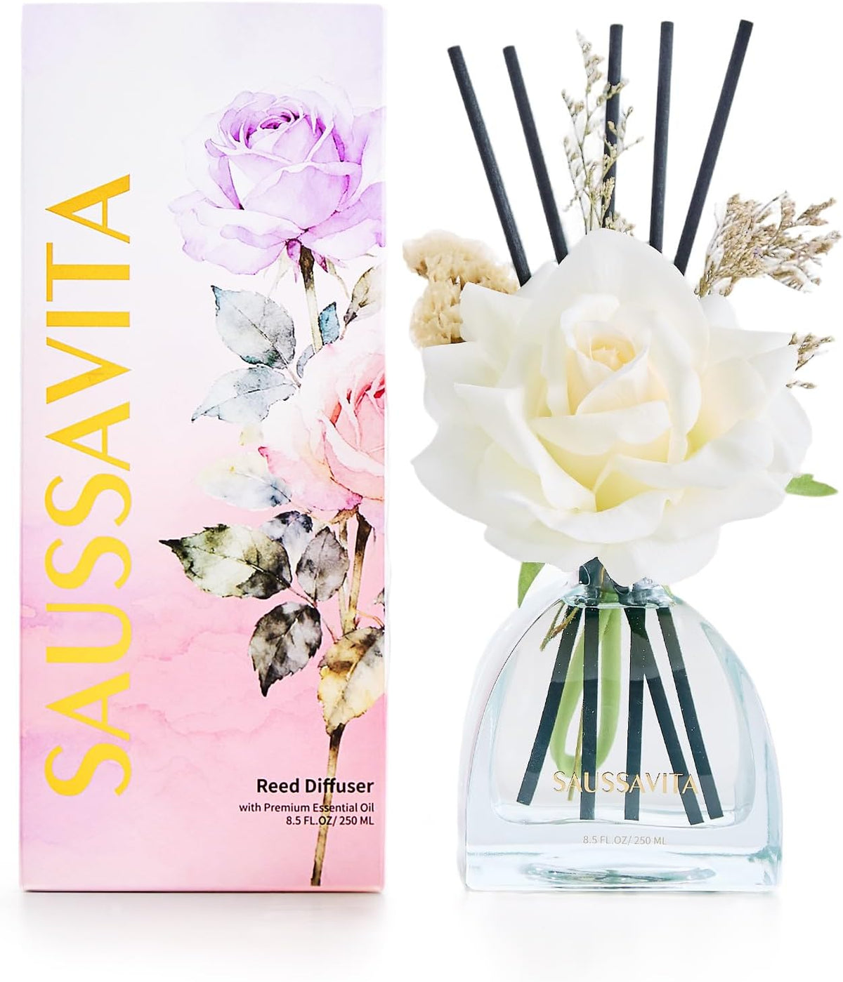 Reed Diffusers Set Flower Scented Diffuser for 140 Days, Flower Diffuser 8.5 fl oz with Dried Flowers and Decorative Rose, Long Lasting Home Fragrance with 10 Sticks for Bathroom, Shelf, Office Decor