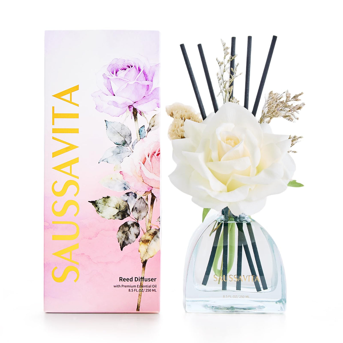 Reed Diffusers Set Flower Scented Diffuser for 140 Days, Flower Diffuser 8.5 fl oz with Dried Flowers and Decorative Rose, Long Lasting Home Fragrance with 10 Sticks for Bathroom, Shelf, Office Decor