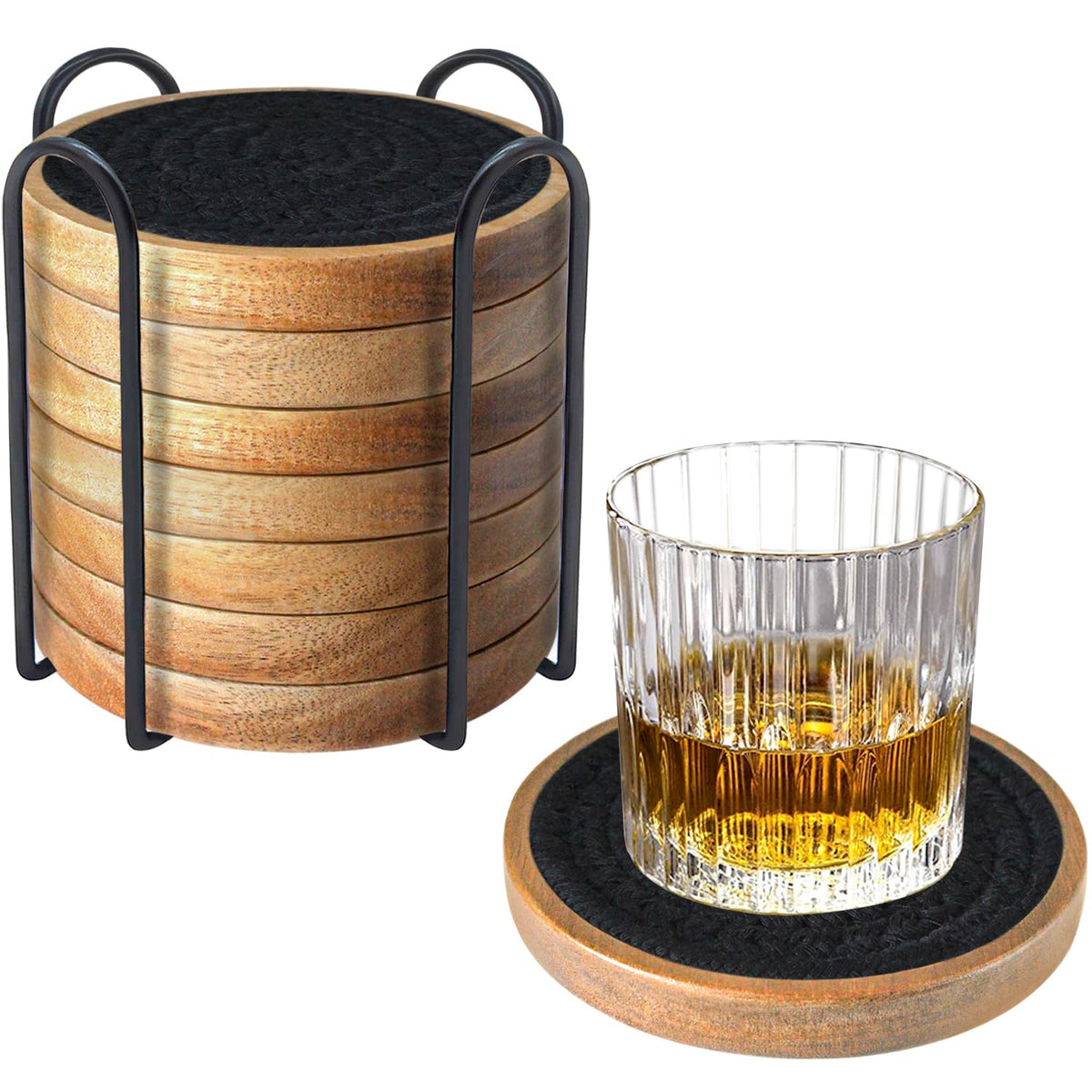 Eykao 5 Pack Coasters for Drinks Absorbent, 4.3 inches Woven Coasters for Coffee Tables, Wooden Drink Coasters for Table Protection, Reusable Drink Coasters for Kitchen, Farmhouse, Bar, Office, Brown