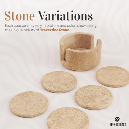 Travertine Coasters Set of 6 with Holder Round 3.5 Inch