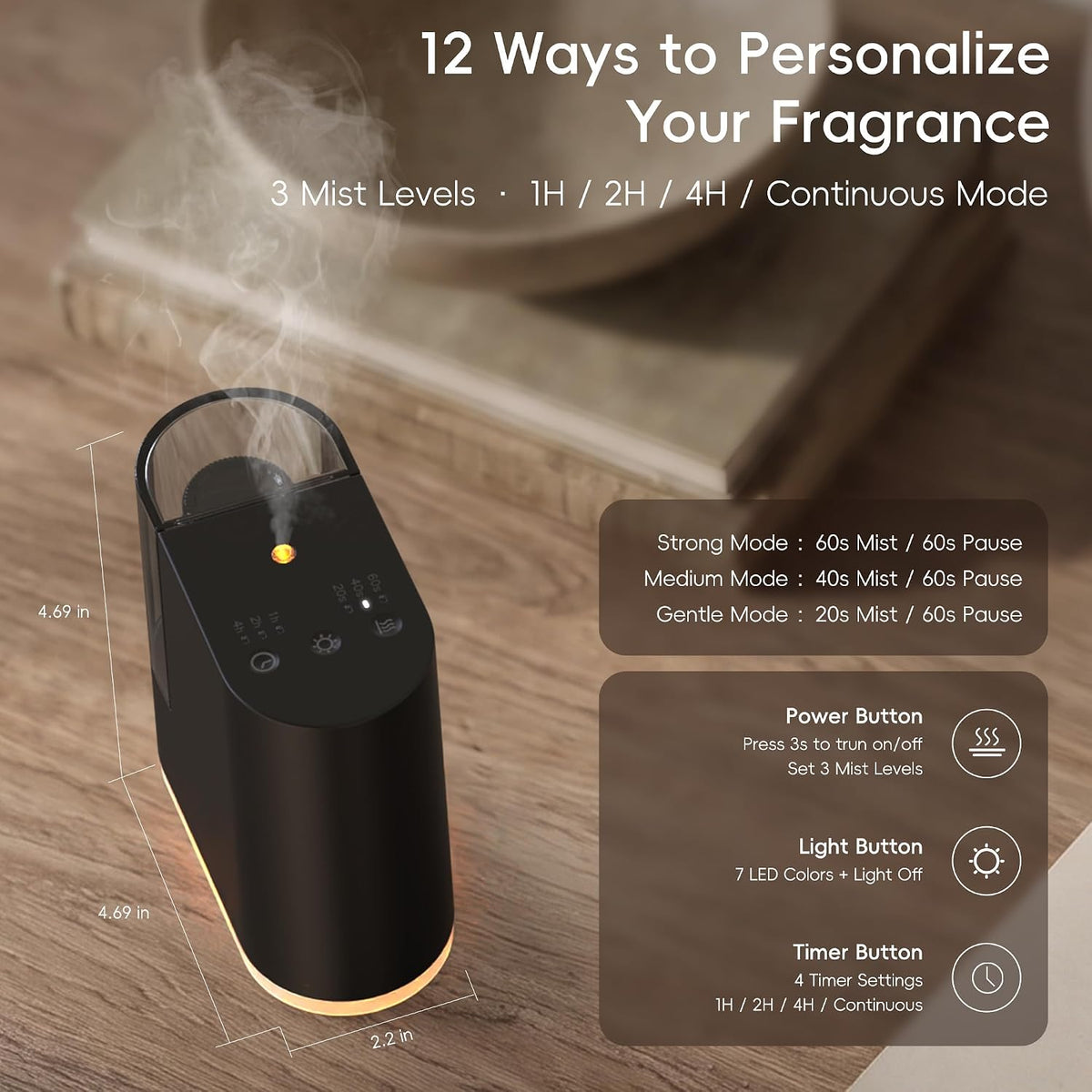 Waterless Essential Oil Diffuser for Bedroom, Home, Black