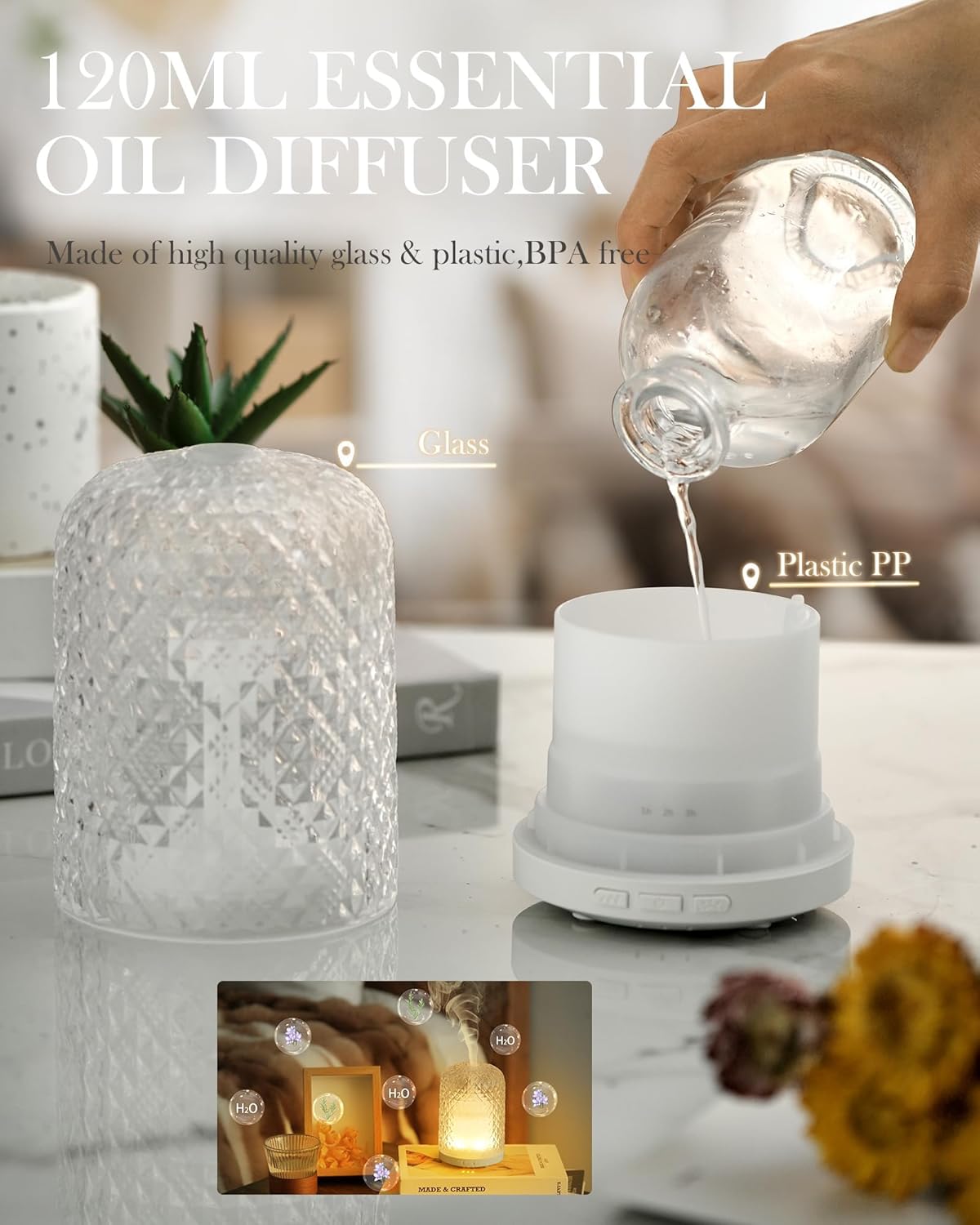 Essential Oil Diffuser - 2.4 MHz Ultrasonic Glass Diffuser with Pulse/Continuous Mist & 3 Night Light Modes, Waterless Auto-Off, Silent Aromatherapy Diffuser for Home, Office, Gifting & Home Decor