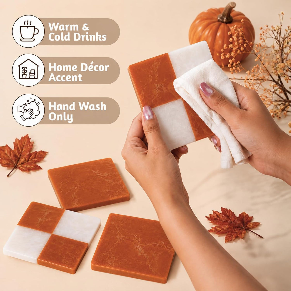 Folkulture Cute Fall Coasters, Set of 4, Non Slip, Easy to Clean - 4 Inch